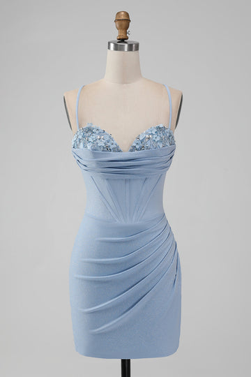 Corsé Bodycon Azul Claro Tirantes Espagueti Vestido Corto De Regreso A Casa
